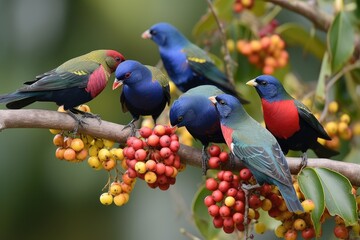 colorful bird flock feeding together on fruit tree, created with generative ai