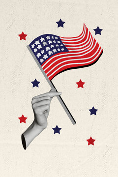 Vertical collage picture of black white gamma arm fingers hold national american flag stars isolated on painted background