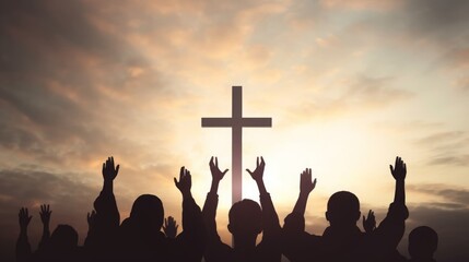 Worship concept: christian people Raise hand over cross on spiritual sky background, Generative AI - obrazy, fototapety, plakaty