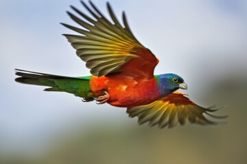 Fototapeta premium colorful bird in flight, its wingspan visible against the sky, created with generative ai