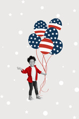Fototapeta premium Vertical collage of black white colors little girl hold usa national flag balloons decoration isolated on grey background
