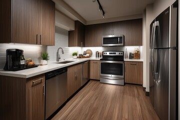 Fototapeta premium kitchen with energy-efficient appliances, including smart refrigerator and induction cooktop, created with generative ai