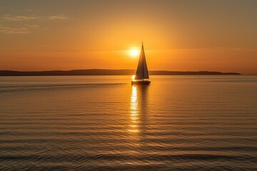 Obraz na płótnie Canvas sailing boat, with the sun setting behind it, sailing across calm waters, created with generative ai