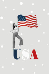 Vertical collage picture of black white gamma girl arm hold usa national flag isolated on painted...