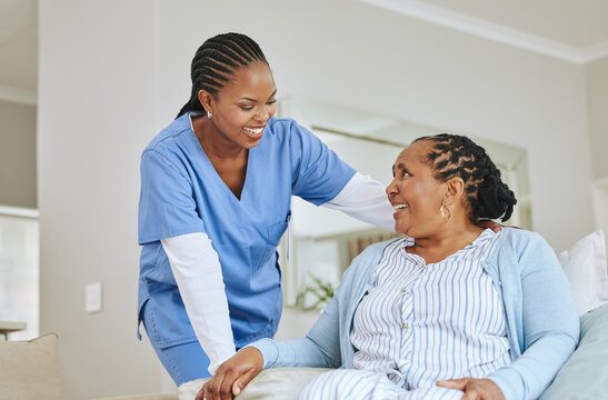 Nurse woman, senior patient and talking for support, healthcare and happiness at retirement home. Black person and happy caregiver together for trust, elderly care and help for health and wellness