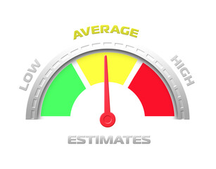 rating level indicator icon (low, medium, high), the arrow on the scale indicates the average level. Tachometer, speedometer sign, infographic element on isolated background