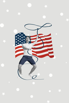 Vertical collage image of black white colors guy hold lasso rope national american flag isolated on grey background