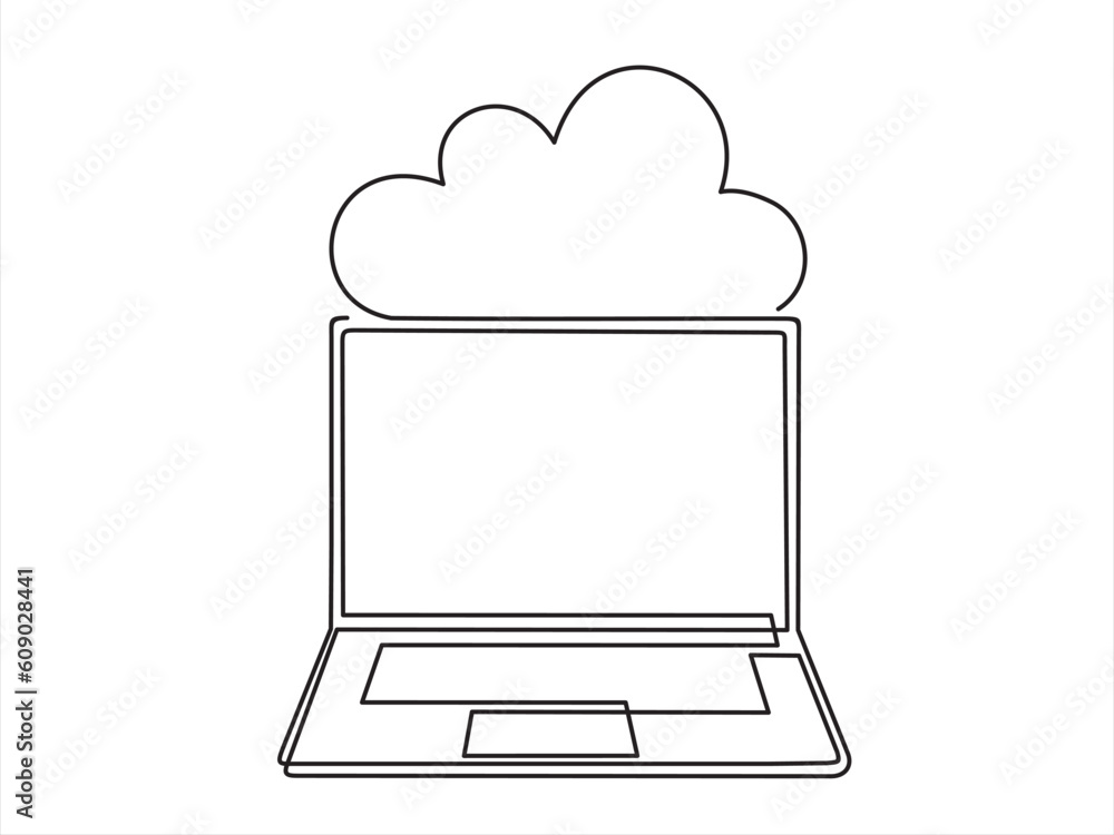 Poster digital technologies. continuous one line drawing of exchange of information between the laptop and 