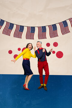 Photo placard collage of two old people lovers partners together spend dancing american party veterans day isolated on beige background