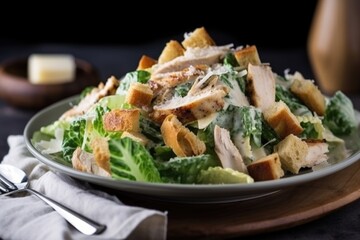 tasty chicken caesar salad, drizzled with creamy dressing and topped with tangy croutons, created with generative ai - obrazy, fototapety, plakaty