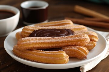 churros with warm chocolate sauce and a sprinkle of cinnamon, created with generative ai