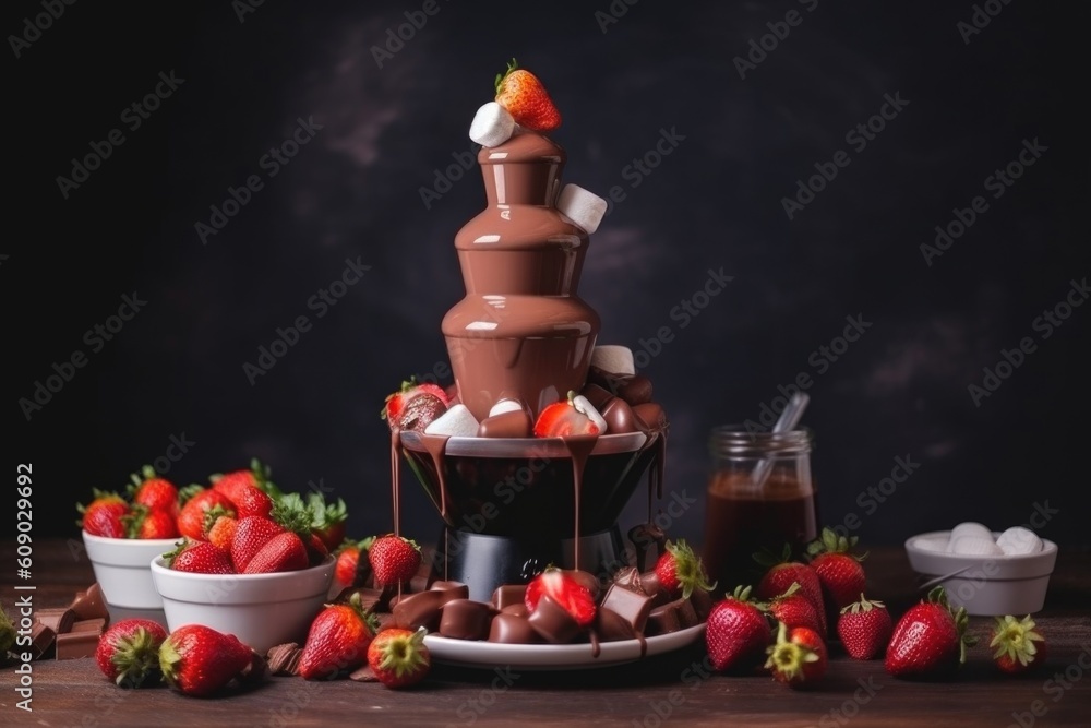 Wall mural chocolate fountain with strawberries and marshmallows for sweet and fruity twist, created with generative ai - Wall murals
