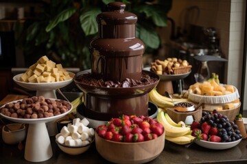 Fototapeta na wymiar chocolate fountain with variety of fruit, marshmallows and cookies for dipping, created with generative ai