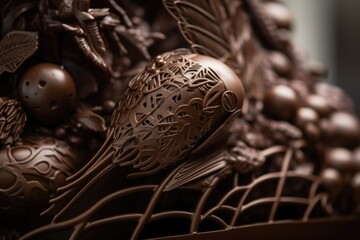 close-up of delicate chocolate sculpture, with detailed textures and patterns, created with generative ai