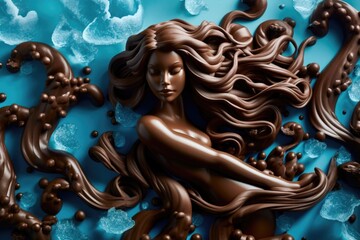 chocolate mermaid swimming under the sea, with her hair made of delicate chocolate curls, created with generative ai