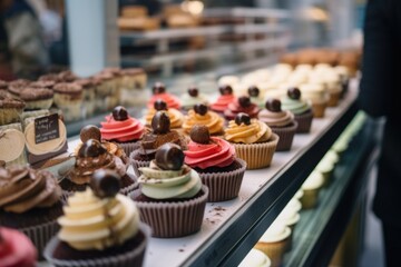 selection of classic and gourmet cupcakes on display at bakery, with customers enjoying the delicious treats, created with generative ai