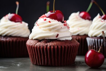 classic red velvet cupcake with creamy, fluffy frosting and cherry on top, created with generative ai