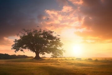 Nature background concept: Alone tree on meadow sunset, Generative AI