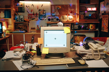 Horizontal image of workplace with computer monitor and documents on table in garage