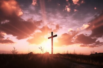 Easter concept: Concept : cross on sunset sky background, Generative AI