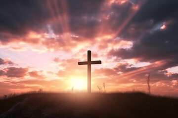 Easter concept: Concept : cross on sunset sky background, Generative AI