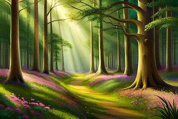 A mystical forest glade bathed in dappled sunlight, ancient trees standing tall with lush foliage, a carpet of vibrant wildflowers covering the forest floor