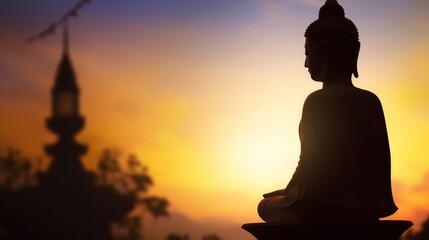 Buddhist concept: Vesak day Silhouette Buddha with blurred travel, Generative AI