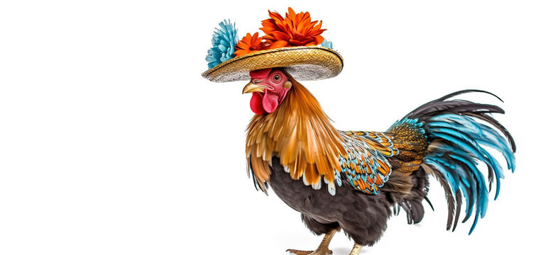 Beautiful rooster in hat on white background, copy space