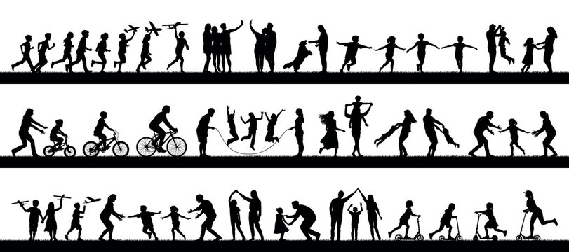 Family playing together outdoor activities hobbies and sports set silhouettes collection.