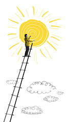 Man climbing upward the stair to the sun. Positive energy, happiness and mental stability....