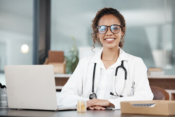 Doctor, woman in portrait and happy, healthcare and medical professional in office with stethoscope...