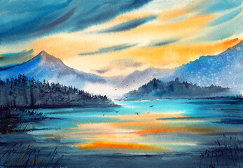 Watercolor illustration of a forest lake at sunset with fir trees, distant misty mountains and yellow sunset sky