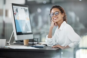 Happy woman at desk, computer screen with web design, portrait and website layout at digital...