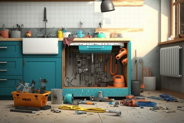 Plumber's Tools and Equipment Strategically Positioned on the Kitchen Floor with Sink Installation in Background
