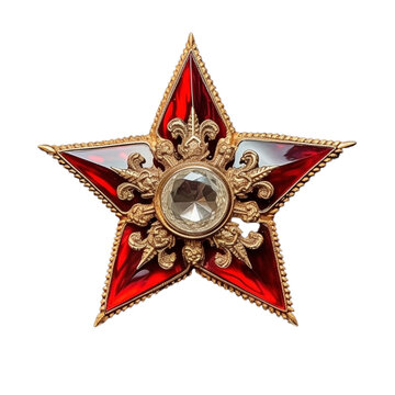 a red and gold star on a transparent background, in the style of soviet realism, gemstones, white and bronze tones. Generative AI .