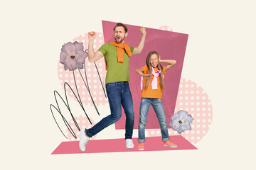 Picture of positive carefree father daughter enjoy dancing flowers isolated on painted white...