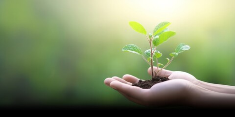 Earth Day concept: hand holding  plant on blur green nature background, Generative AI