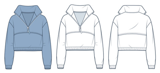 Cropped Sweatshirt technical fashion illustration. Zipped Roll Neck Sweatshirt fashion technical drawing template, raw, oversized, front and back view, white, blue, women, men, unisex CAD mockup set. © Liubov Hladka
