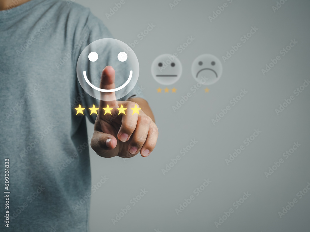 Poster satisfaction survey concept, user choosing satisfaction rating for service shop application selectin