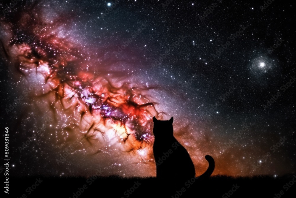 Wall mural cosmic nebula with silhouette of feline and canine astronaut in space, created with generative ai
