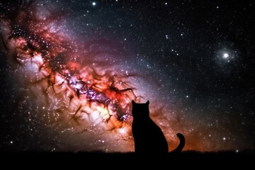 Obraz na płótnie Canvas cosmic nebula with silhouette of feline and canine astronaut in space, created with generative ai