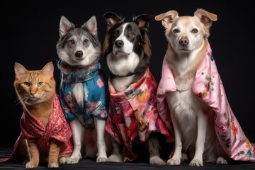 series of photos showcasing variety of feline and canine fashion designs and models for different styles, created with generative ai