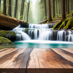 Selective focus, Wood table top on soft focus waterfall in forest background. For montage product display. generative ai. - 609032048