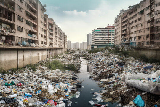 Generative AI illustration of various trash and plastic garbage litters scattered over open wide drainage gutter in city with residential apartments