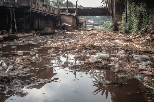 Generative AI illustration of heap of plastic waste with other non biodegradable trash scattered on river channel with dirty water in rural neighborhood