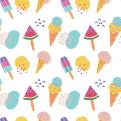Vector abstract cute hand drawn illustration with ice cream and watermelon. The pattern is great for fabric, wallpaper, wrapping paper, postcard, layout.