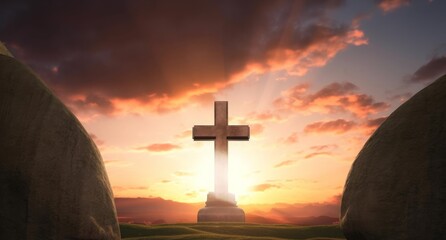 Easter concept: Tomb stone with holy cross and sunset sky background, Generative AI