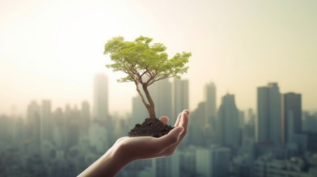 Earth day concept: Human hand holding tree over city background, Generative AI
