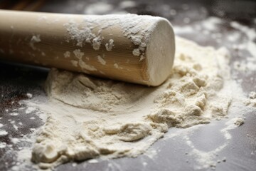 close-up of dough, with flour dusting and rolling pin visible, created with generative ai