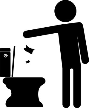 Isolated illustration of Man Throw Trash in Toilet Glyph Icon, Keep Clean Silhouette Sign. Allowed Throw Rubbish, Waste, Garbage in Bin Symbol. Warning Please Drop on WC